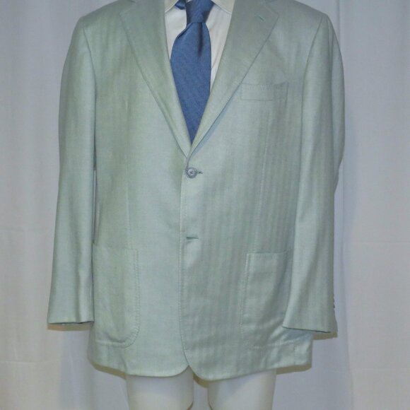Tincati x Partenopea Bespoke Pale Green HBone Cashmere Two Button Sport Coat 44L - Picture 2 of 15
